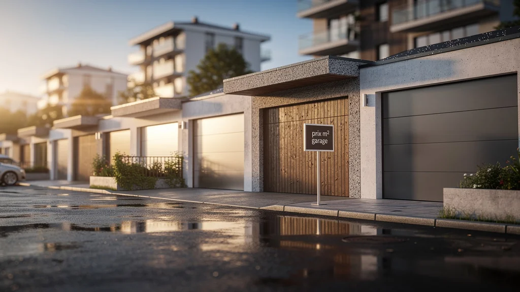 Vue hyperréaliste de garages modernes en milieu urbain au coucher du soleil illustrant le prix m2 garage