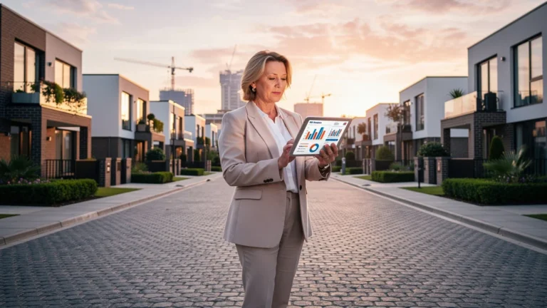 Image hyper-réaliste d'une rédactrice immobilière analysant des données pour Prox'immo en milieu urbain local