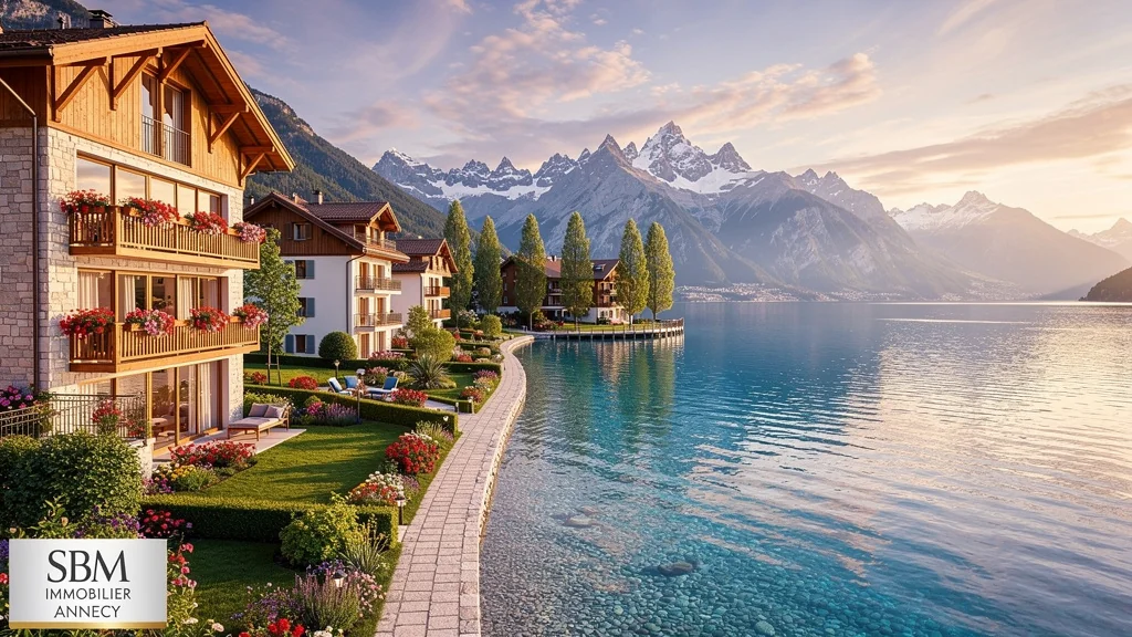 Vue hyper-réaliste des résidences de SBM Immobilier Annecy au bord du lac avec montagnes en arrière-plan