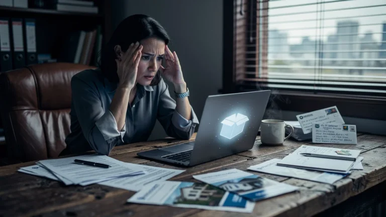 Femme de 42 ans réfléchissant dans son bureau sur un box immobilier vide, ambiance mélancolique et réaliste