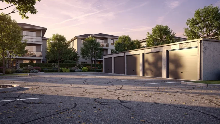 Contraste entre parking en surface et box fermé sécurisé dans un cadre urbain réaliste et lumineux